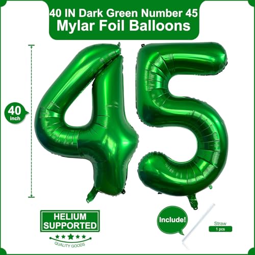 Image of Number 45 Dark green Balloons 40 Inch Giant Dark green Foil 45 Helium Balloons for 45th Dark green Birthday Party Supplies 45th Anniversary Events Decorations