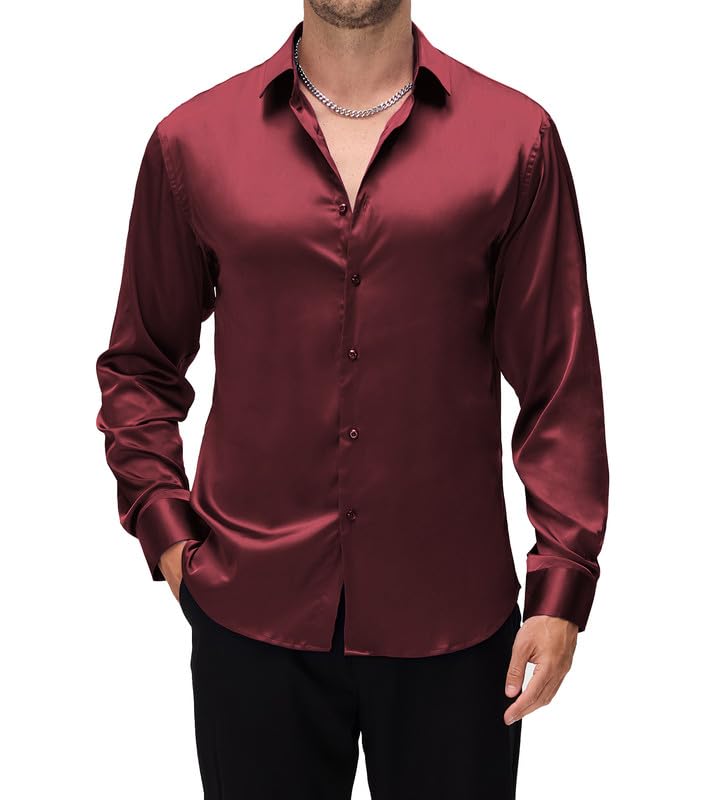 Damipow Satin Silk Mens Dress Shirts Long Sleeve Button Up Shirt Wedding Party Prom Shirt