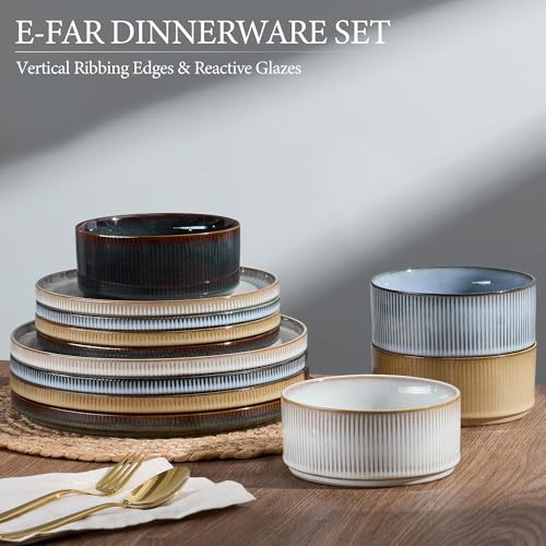 Image of E-far 12-Piece Plates and Bowls Sets, Stoneware Dinnerware Dishes Sets for 4, Kitchen Modern Dining Dishware, Chip & Scratch Resistant, Microwave & Dishwasher Safe, Multicolor