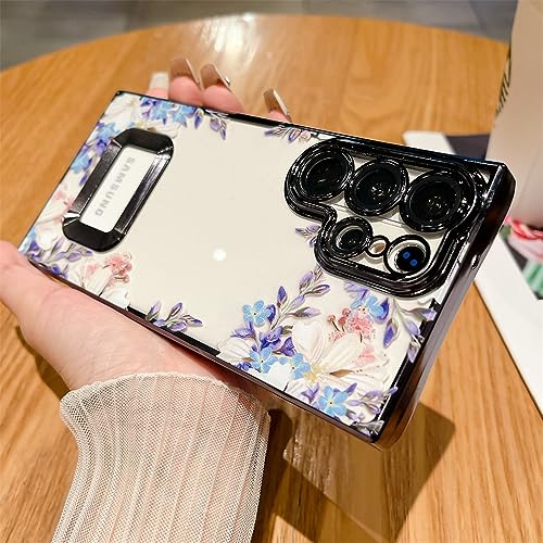 Coque Samsung S23 Ultra transparente à motif fleurs et feuilles en silicone souple noir