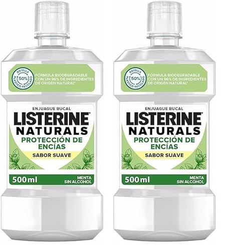 Listerine Naturals (1 x 500 ml), enjuague bucal sin alcohol sabor menta, colutorio bucal que protege las encías, elixir bucal con fórmula biodegradable e ingredientes naturales (Paquete de 2)