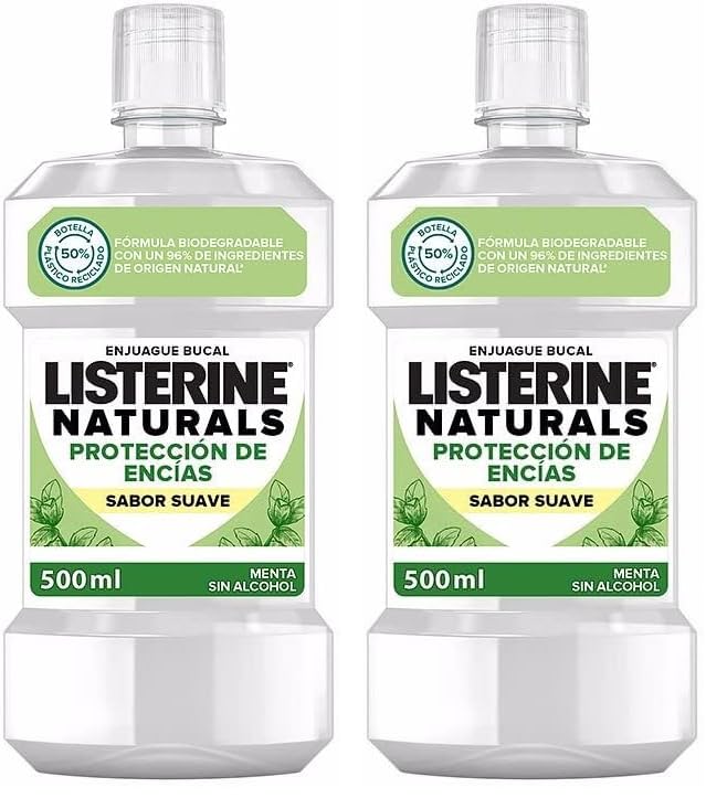 Listerine Naturals (1 x 500 ml), enjuague bucal sin alcohol sabor menta, colutorio bucal que protege las encías, elixir bucal con fórmula biodegradable e ingredientes naturales (Paquete de 2)