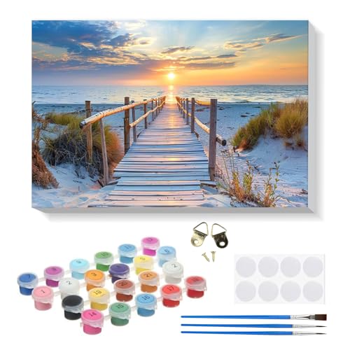 RICUVED Playa Pintura por Números Paisaje para Adultos y Niños 30x40cm - Kit DIY con Marco de Madera, Pinturas al Óleo, Pinceles y Bandas Magnéticas para Decorar Tu Casa