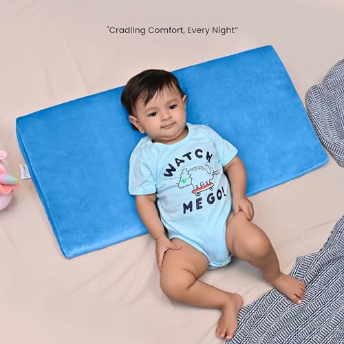 Image of Cherilo Full Size Elevated Wedge Pillow for Baby Crib & Mattress, Helps to Elevate Baby for Acid Reflux, Colic, GERD, Heat Burn & Vomiting | 28 inch x 14 inch x 3.5 inch | - With Removable Velvet Cover - Sky Blue