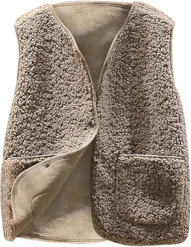 WINKEEY Chaleco Mujer sin Mangas con Bolsillos Clásico para Cómodas Cálido y Suaves Chalecos Exteriores Polar Teddy Cuello En V Elegantes para Mujer Sólido Otoño Inviern,Kaqi M