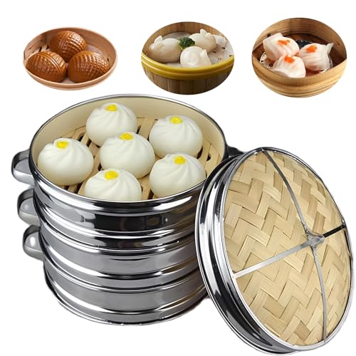 Vaporizador de bambú de acero inoxidable, vaporizador de alimentos de 3 niveles con tapa para albóndigas y verduras, cesta de cocina portátil,