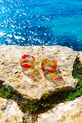 Antoni Barcelona Stemless Wine Glasses 21Oz Mouth Blown Hand Painted Amazing Gift Wedding Woman Man Unique Present Anniversary Drink Party (Red Line, Set 4) #TOP6