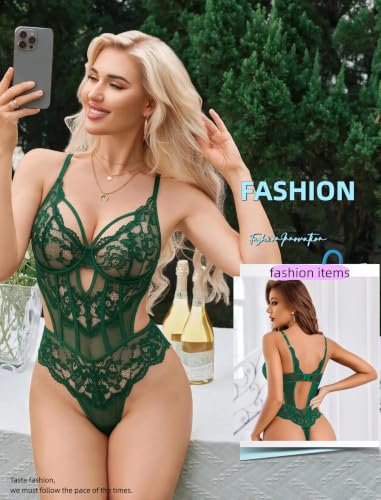 Image of Avidlove Sexy Lingerie for Women Lace Bodysuit Cut Out Snap Crotch Teddy | Seductive floral lace teddy, adjustable straps, scalloped edge, side cutouts, romantic date night wear