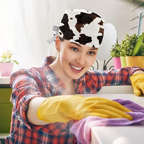 Image of 2 PCS Bouffant Cap with Button Ponytail Pouch Working Cap Sweatband Adjustable Surgical Cap Black and White Cow
