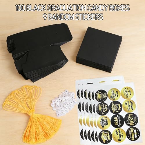 Image of 100Pcs Graduation Cap Gift Boxes, Graduation Candy Box with Graduation Stickers, Black Grad Cap Treat Cake Chocolate Biscuit Card Box Yellow Tassel, Graduation Decorations for Graduation Ceremony Party (100Pcs, Graduation Boxs with Graduation Stickers)