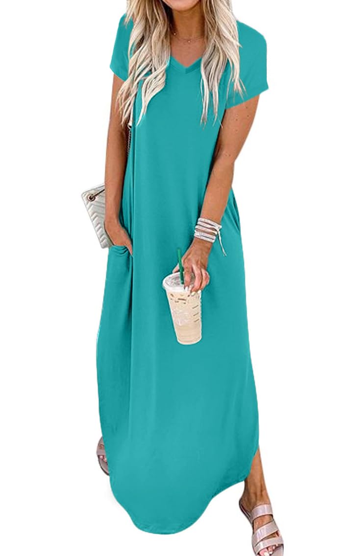 Jeqeocafy Women Summer Long Sundress Crewneck Short Sleeve Maxi Dress 2026 Casual Loose Beach Dress with Pockets