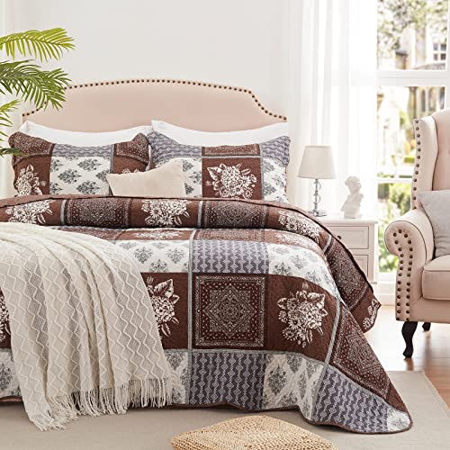 LEAONME 3 Pieces California King Size Quilt Set Brown Oversized 120x120 Inch Bedspread Coverlet Lightweight Microfiber Patchwork Bed Cover for All Seasons (1 Quilt, 2 Pillow Shams)