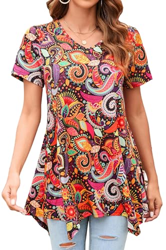 Enmain Femme Tunique Longue Ete Grande Taille Col V Chemisier à Manches Courtes Chic et élégant Tuniques à Floraux Motifs Haut Ample pour Femmes,Orange,XL