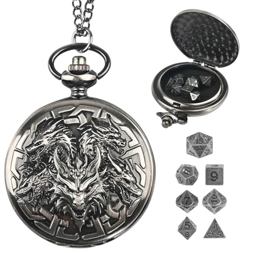 Banloga D&D Dice Set,7PCS Metal Dice for Dungeons and Dragons,Mini Dice Set with Pocket Watch Case,Role Playing Board Games Accessories (Dragon, Ancient Silver)