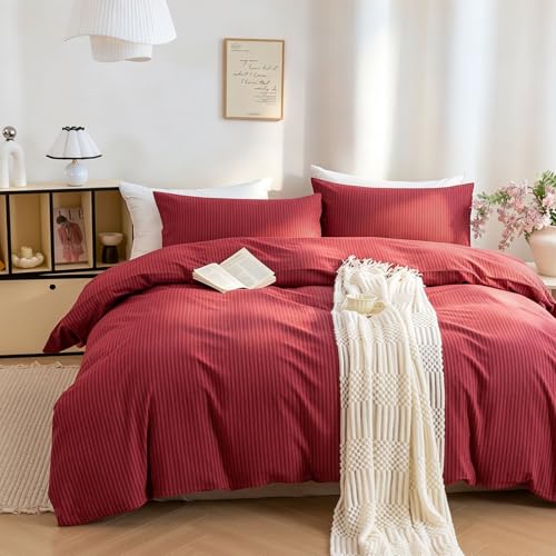 Image of PinkMemory Red Striped Duvet Cover King 100% Washed Cotton Vintage Stripes Bedding 3pcs Pinstripe Patterned Duvet Cover Set with Zipper Closure Corner Ties,Soft Breathable