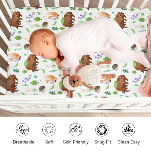 Image of Animals Trees Floral Spring Baby Crib Sheets for Boys Girls 52 inchx28 inch Cute Bear Bunny Hedgehog Fox Soft Breathable Unisex Baby Nursery Bed Sheets for Standard Crib and Toddler Mattresses