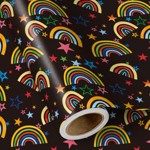 RUSPEPA Birthday Wrapping Paper Roll, Mini Roll, Colorful Rainbow & Star Pattern, Black Gift Wrap Paper for Kids, Boys, Girls, Birthday Celebration, Party Supplies, 17 Inches x 9.8 Feet
