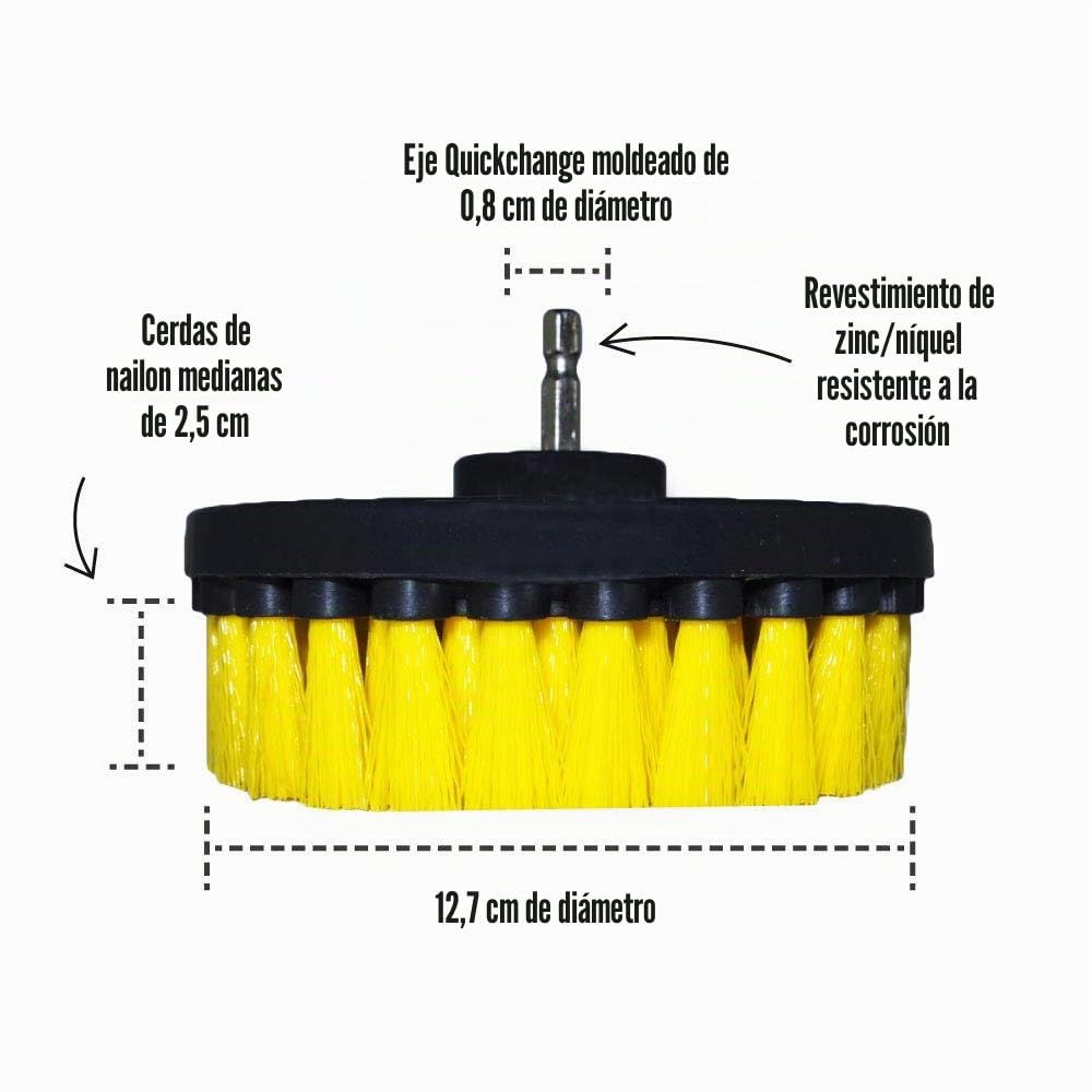 Cepillo Premium para Taladro, Medianamente Suave, Amarillo, Juego de 5 Piezas. No Raya Las Superficies. Adecuado para Limpiar Baldosas, Juntas, Bañera, Ducha, Fibra de Vidrio y Cerámica