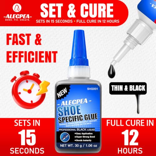Image of ALECPEA Black Shoe Glue for Sole Repair, Thin Adhesive, 30g with 3 Tips | Fast-Setting Flexible Waterproof Black Shoe Repair Glue For Sneakers, Boots, Leather, Rubber, EVA, Mesh, PU And PVC