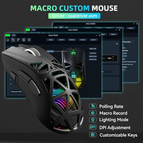 Image of Aula SC620 Wireless Gaming Mouse, Tri-Mode 2.4GHz /USB-C /BT5.3 Computer Mouse with 12000 DPI, Programmable Macro Gamer Mouse with Rapid Fire Key, RGB Light Gaming Mice for PC /Laptop /Mac(Black)