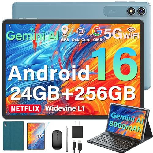 Image of 2026 Upgraded Android 16 Tablet, 10 inch Tablet with Keyboard, 24GB+256GB+2TB Expand, Gemini AI Tablet PC with 8-Core, 8000mAh, WiFi, GPS, Electronic 2-in-1 Tablets with Case, Mouse, Stylus (Green)