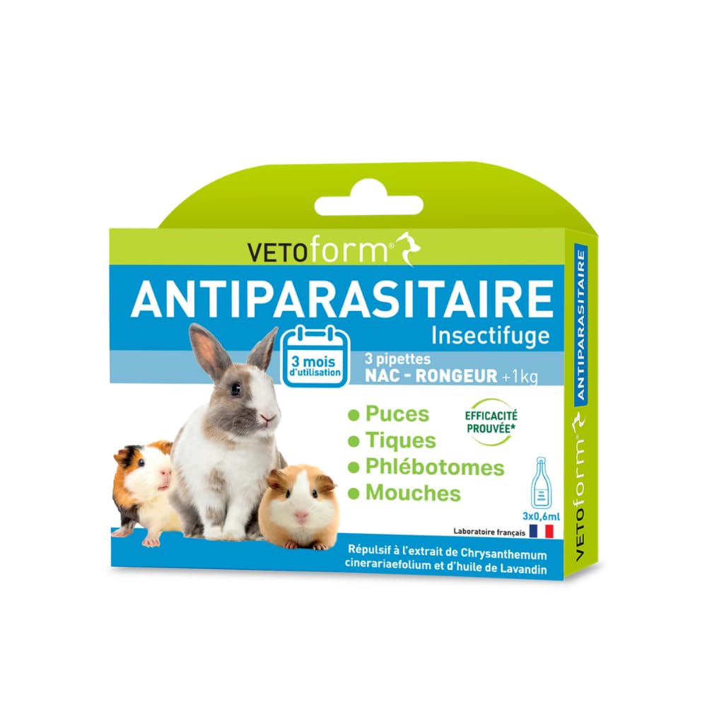 VETOFORM | Pipette Antiparasitaire Petit mammiphère +1kg | Lapin, Cochon d'Inde, Hamster | NAC | antipuces et Anti-tiques | 3x0,6 ML | Fabriqué en France