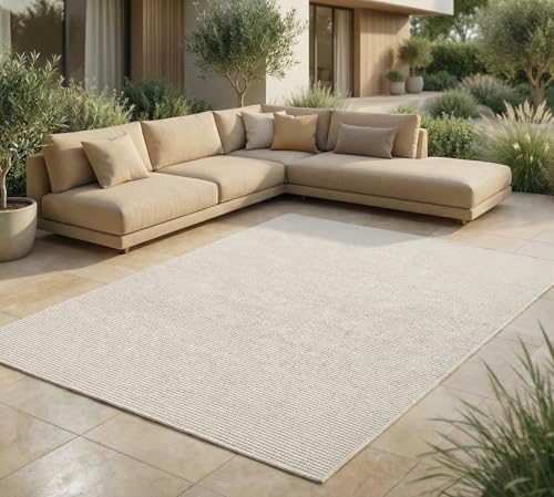Jimri In- & Outdoor Teppich - Wetterfester Teppich für Balkon, Terrasse, Garten, Wohnzimmer, Küche - Strapazierfähiger Bodenteppich, Widersteht UV-Strahlen & Wasser - Größe 80 x 150 cm, Weiß