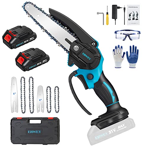 ERWEY Mini Kettensäge mit Akku 2000mAh, 4-Zoll und 6-Zoll 2-in-1 Elektrische Kettensägen-set mit bürstenlosem Motor und Superleistung, Tragbare Handkettensäge für Bäume Gartenarbeiten Holzschneiden