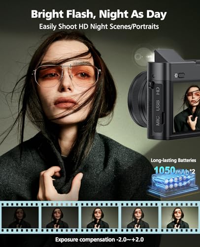 Digital Camera, 6X Optical Zoom & WiFi, 5K 30FPS 64MP Vlogging Camera, Rear and Front Cameras for Photography and Video, Autofocus & Anti-Shake, Travel Selfie for YouTube with Flash Dial 64GB Card