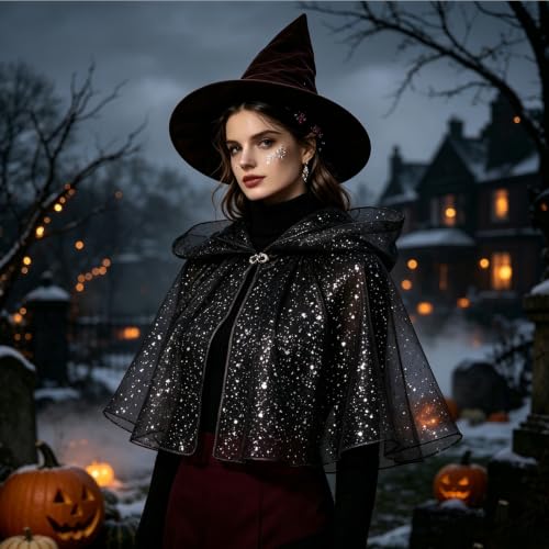 HMXCHASHIKEJI Witch Costume Women,Women’s Short Hooded Cape, Sparkle Sheer Tulle Capelet, Halloween Witch Costume Cloak for Cosplay Party(Black_01,Small) - image 2