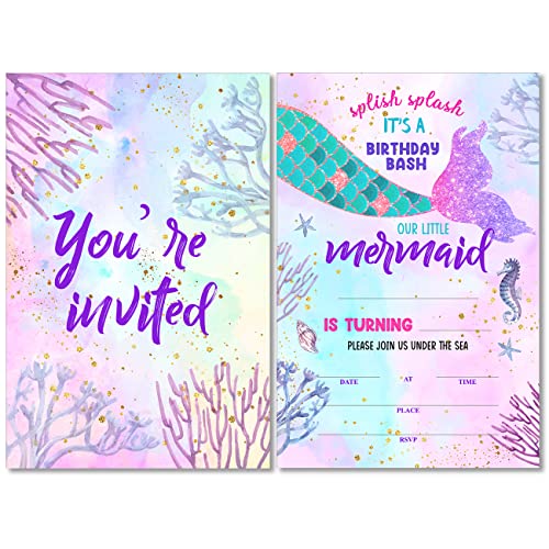 Soiceu Cute Under the Sea Mermaid Birthday Party Invitations with Envelopes Set of 20 Purple Pink Girl Birthday Party Invites