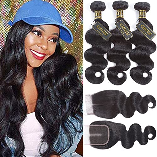 Qthair 12A Brazilian Virgin Hair Body Wave Human Hair Bundles With Closure(12" 14" 16" With 10" 4X4 Closure) 100% Unprocessed Virgin Brazilian Body Wave Human Hair Weave With 4X4 Swiss Lace Closure #TOP11
