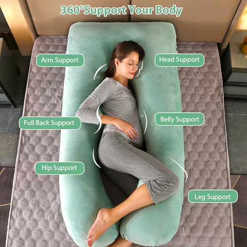 Image of Amagoing 55 inches Pregnancy Pillows for Sleeping, U Shaped Maternity Full Body Pillow for Pregnant Women with Hip, Leg, Back, Belly Support, Washable Velvet Cover Included (Mint Green)