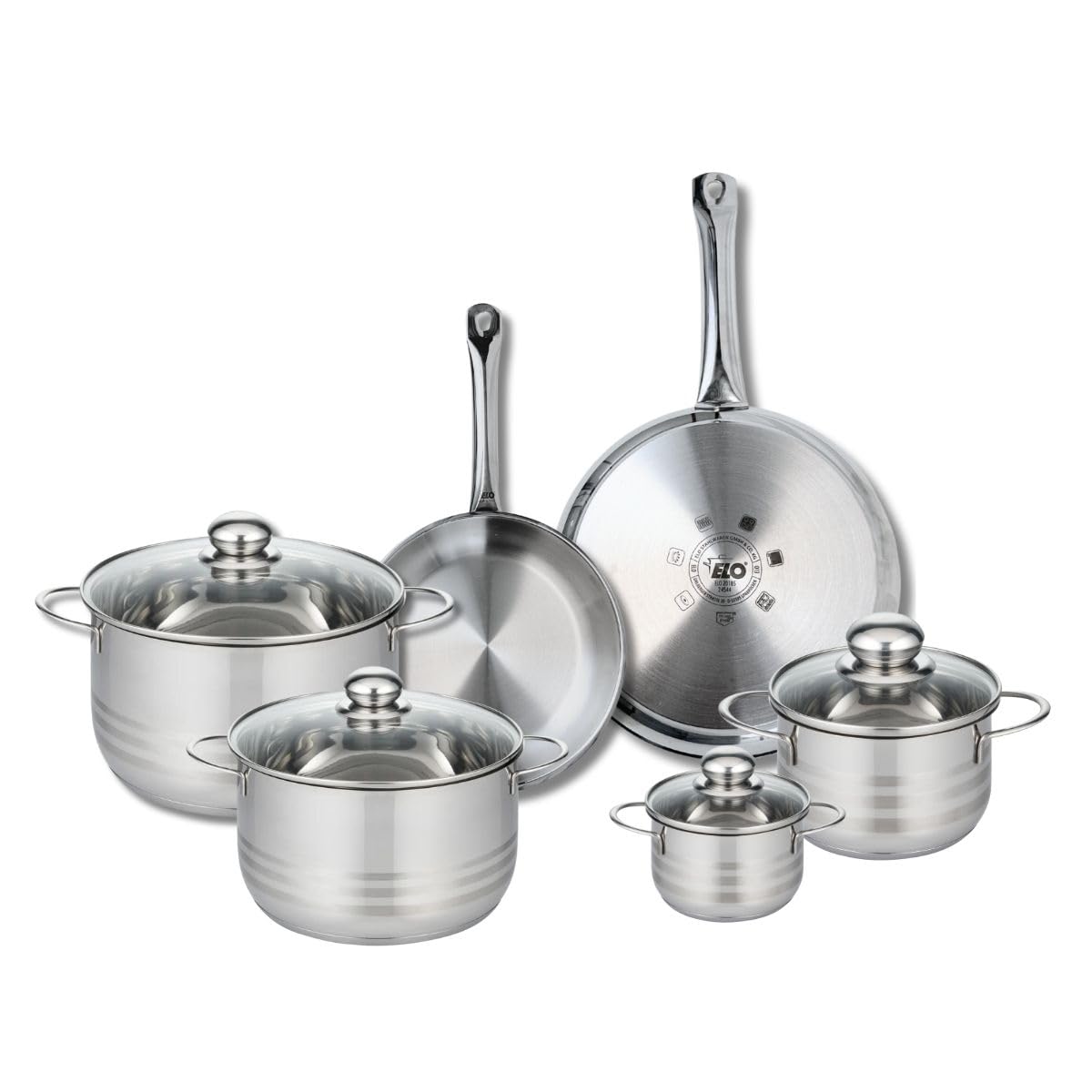 ELO 9878050 Naczynia kuchenne 6 sztuk, zestaw 2 patelni 24 i 28 cm oraz 4 rondle 12, 16, 20 i 24 cm Elo Profi Brilliant, stal nierdzewna, indukcyjna
