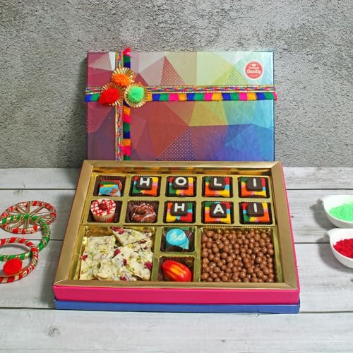 Image of Velvet Fine Chocolates Abeer Box 12 Assorted Chocolates, 100 Gms Coated Butterscotch, 50 gms Thandai bar Holi Gift Pack for Kids, Family, Friends, Employees