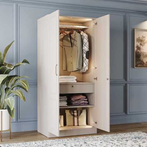 Image of Wakefit Wardrobe for Bedroom | 3 Yr Warranty | Cupboard for Bedroom, Almirah, Wooden Wardrobe, Comes with LED light, Multi-Shelves, Drawer & Hanger, Density:680-750 kg /m, Free Installation(Tyrian-LG)