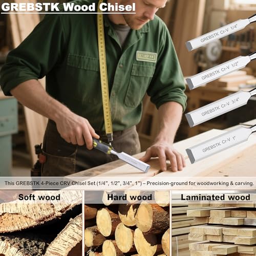 Image of GREBSTK 4-Piece Ultra-Sharp Wood Chisel Set, CR-V Steel Beveled Blades with Guards, Comfortable & Durable Handle, for Carving, DIY & Woodworking (1 /4 inch, 1 /2 inch, 3 /4 inch, 1 inch)