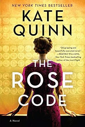 The Rose Code by Kate Quinn, depicting a woman in a purple dress with her hair in an updo, facing away from the viewer and resting her arms on a half-wall in front of a gold textured background.