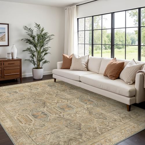Bavni Washable Rug 8x10 Area Rug for Living Room Bedroom Dining, Washable Vintage Print Carpet, Ultra-Thin Low Pile Lightweight Rug with Non Slip Backing, Light Brown