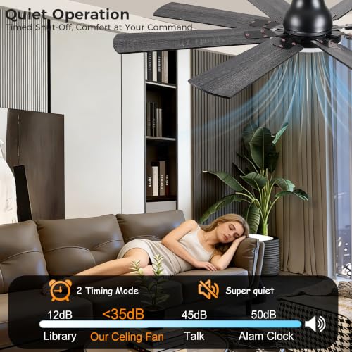 Image of JSAITEE Ceiling Fans with Lights, 52 Inch Low Profile Ceiling Fan | Ceiling Fan with Light Flush Mount, DC Reversible Motor, Noiseless, Black 6 Speeds Ceiling Fan for Bedroom