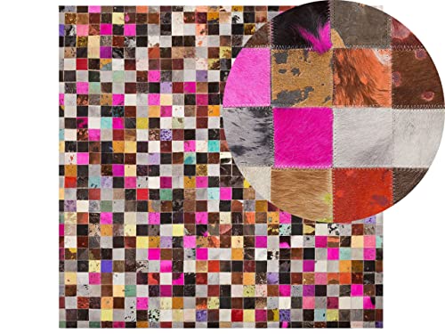 Beliani Alfombra de Piel Natural de Vaca Multicolor patrón Patchwork 200 x 200 cm...