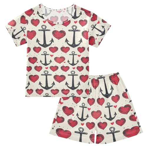 ALAZA Hearts Anchor Pajama Set Short Sleeve Sleepwear Soft Lounge Nightwear