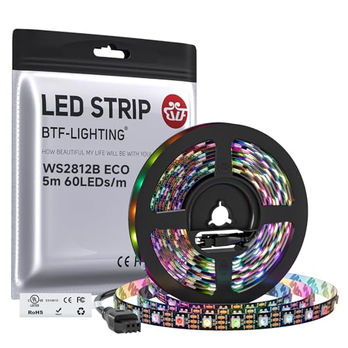 BTF-LIGHTING WS2812E ECO RGB Alloy Wires 5050SMD Individual Addressable 16.4FT 60Pixels/m 300Pixels Flexible Black PCB Full Color LED Pixel Strip Dream Color IP30 Non-Waterproof DIY Projects Only DC5V