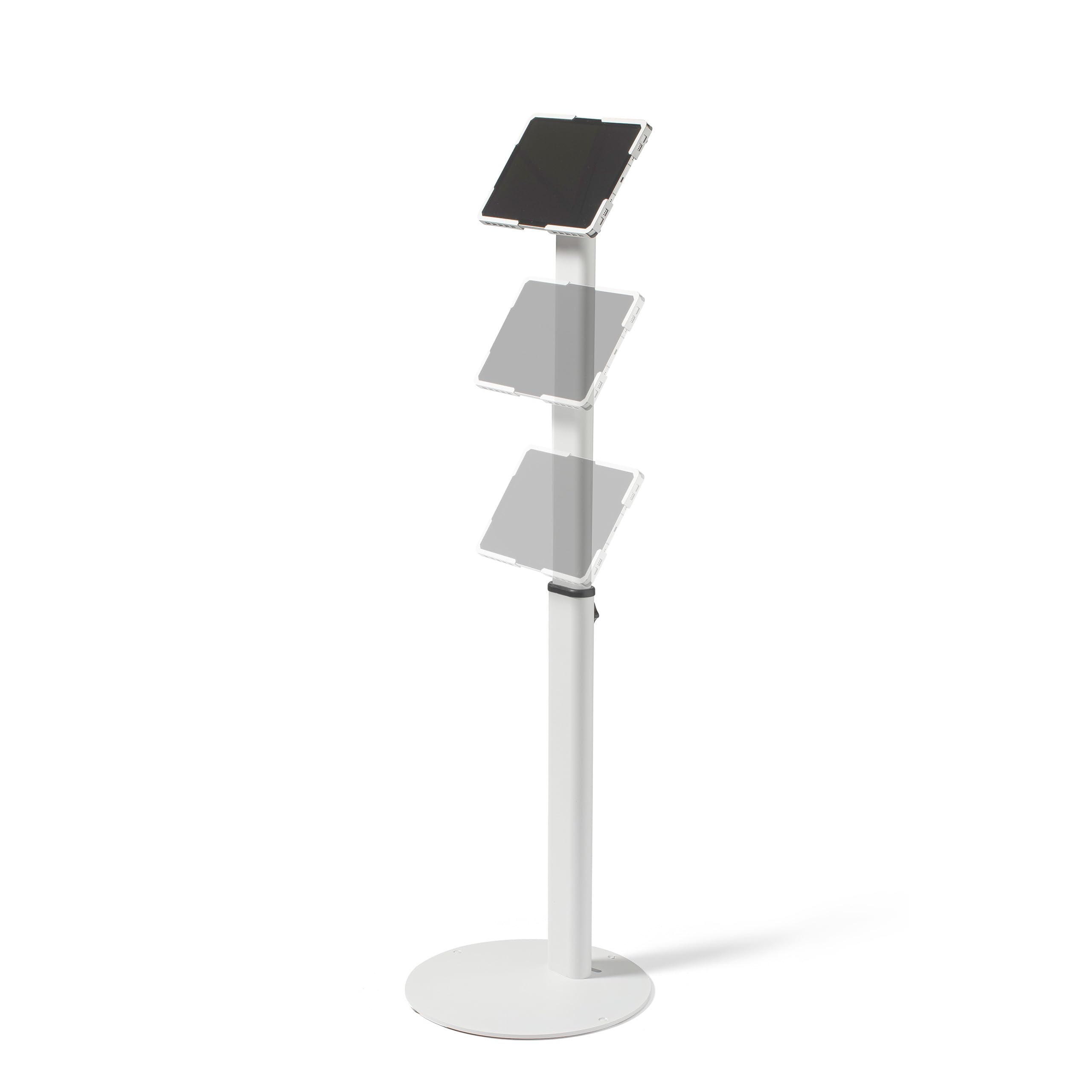Supporto da pavimento universale per tablet regolabile 70–120 cm – per iPad e tablet 10–13 pollici – girevole, inclinabile, base stabile in metallo, gestione cavi, bianco