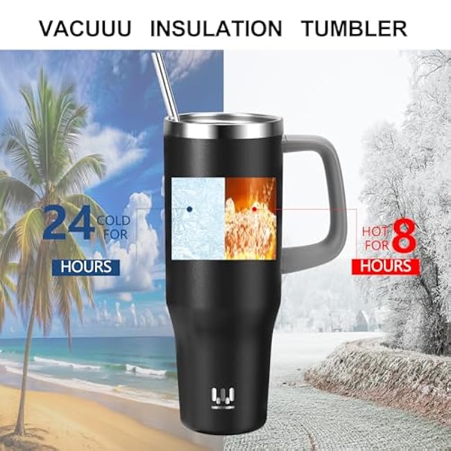 40 oz Insulated Tumbler with Handle, Stainless Steel Straw and silicone sleeves, Leakproof Travel Mug for Water, Iced Tea or Coffee, Insulated Cup Gifts for Women & Men, Black