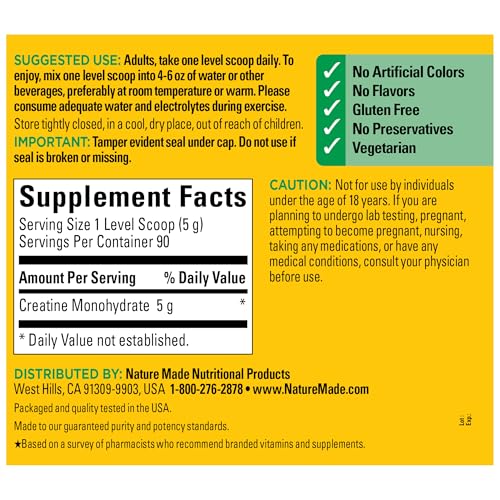 Nature Made Creatine Monohydrate Powder 5 g per Serving, Unflavored Drink Mix Powder, Muscle Support, 450 g, 90 Day Supply - Image 6