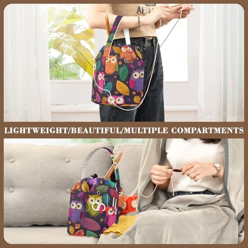 Image of ElliTarr Crochet Bag Yarn Bag with Handle Portable Knitting Project Bag Travel Yarn Storage Organizer Holder Case Black Owl and Leaves