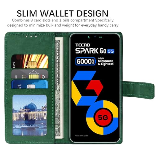 Image of Flip Cover Back Case for Tecno Spark Go 5G | Premium Leather Finish | Inbuilt Pockets & Stand | Flip Cover Back Case for Tecno Spark Go 5G (Green)