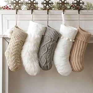 Christmas Stockings 5 Pack Farmhouse Plush Faux Fur Cable Knitted Fireplace Xmas Stockings Hanging Gifts Cozy Personalized Stocking Decorations for Family Holiday Decor White Gray Beige