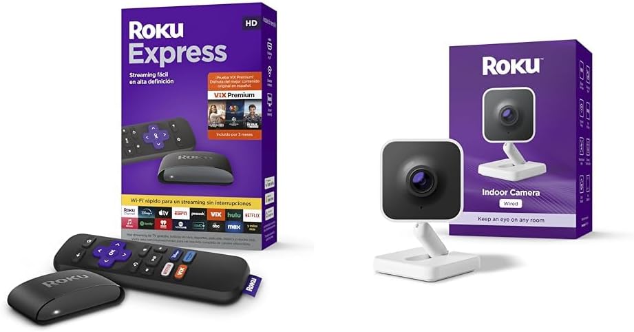 Bundle of Roku Express Dispositivo de Streaming HD para TV (Spanish Edition) - Con VIX Premium + Roku New Indoor Camera - Home Security - 1-Pack - Wired Security Camera